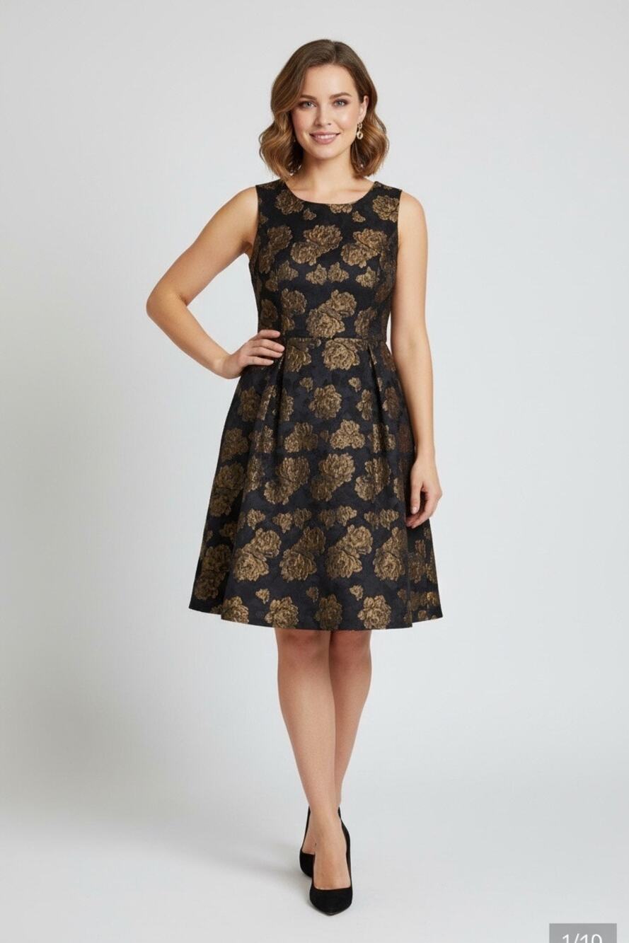 Pink Martini Collection Women Embroidered Midi Cocktail Dress Sz. Med Black/Gold
